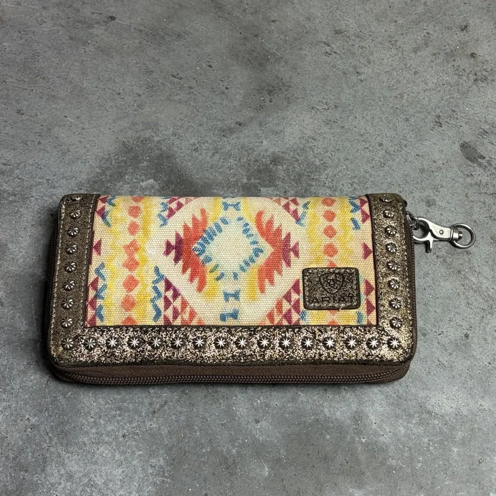 Ariat Womens Southwestern Canvas Zipper Aztec Wallet Brown Glitter Stud Trim